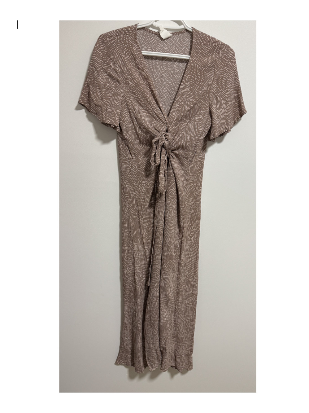Flawless Taupe Dotted Tie-Front Midi Dress with Slit Size Medium
